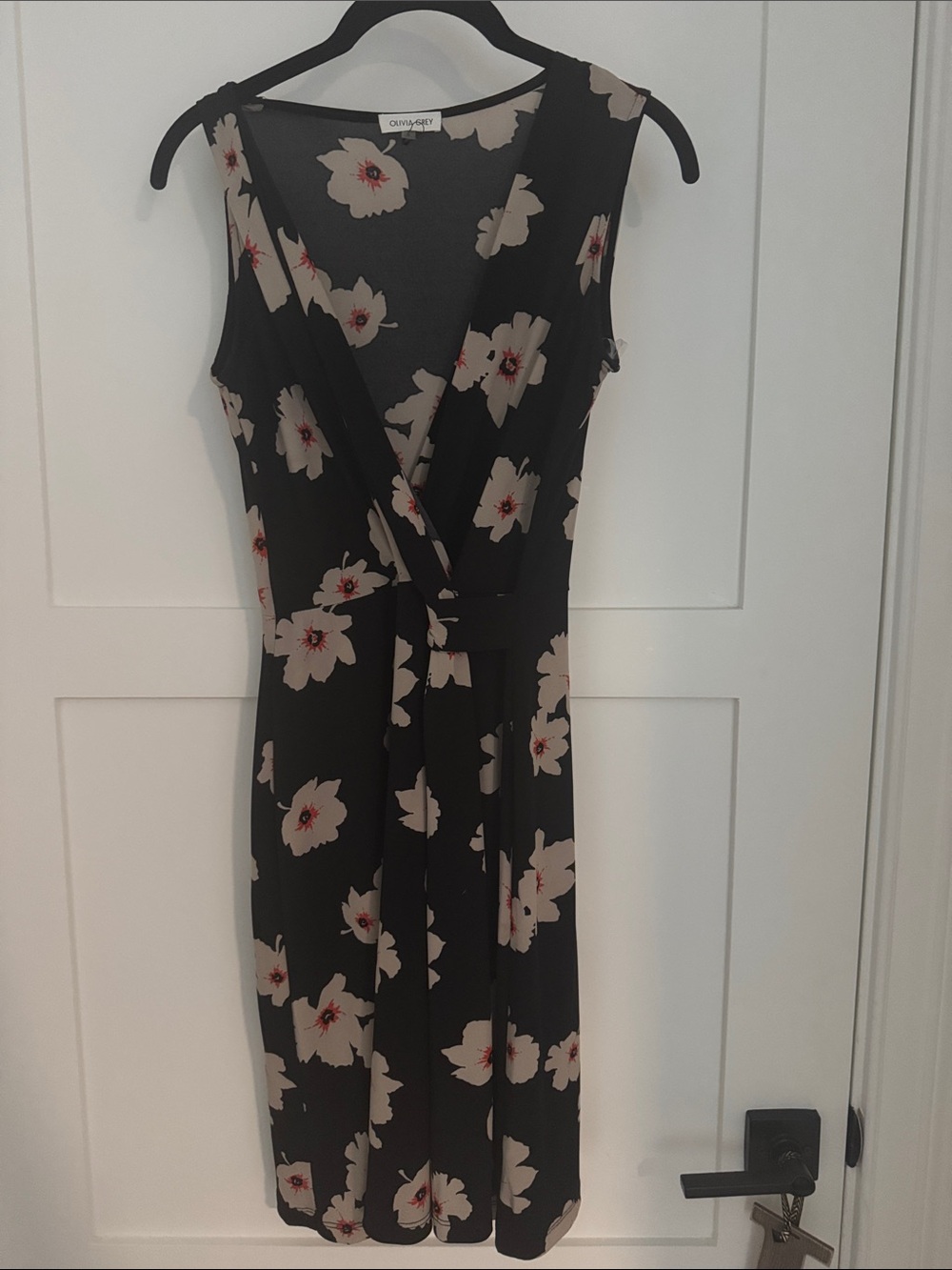 Sleeveless Black Floral Wrap Midi Dress with Cream Blooms